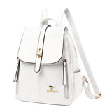 Stylish white leather backpack with gold accents, featuring a flap, zippered pockets, and adjustable straps. Perfect for everyday use.