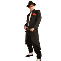 Man  Wears a black pinstripe suit, red pocket square, white tie, and black hat. Retro and stylish.