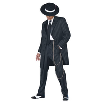 Man in a classic pinstripe zoot suit with wide-brimmed hat, black and white shoes, and gold chain. Exuding a stylish, vintage 1940s vibe.