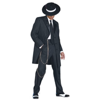 A person in a dark pinstripe zoot suit with matching pants, black tie, and a fedora hat with a white band stands confidently, exuding a retro, vintage vibe.