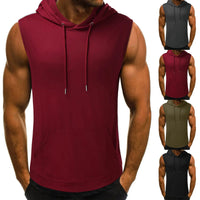 Muscular man wearing a red sleeveless hoodie with front pocket. Side view shows additional colors: gray, burgundy, olive green, and black. Casual athletic style.