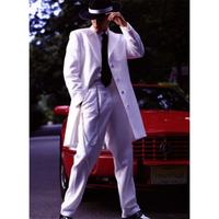 Man in a sleek white suit and black hat poses confidently against a red car. The scene conveys a stylish, classic, and suave tone.