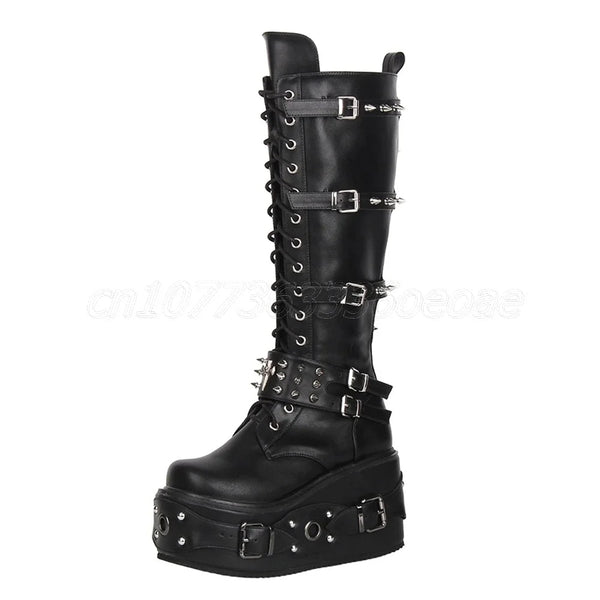 Funki Findz | Boots | Women's Gothic Buckle Rivet Wedge Boots