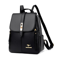 Stylish black backpack with a gold clasp, featuring two side pockets and a subtly embossed logo on the front.