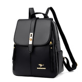 Stylish black backpack with a gold clasp, featuring two side pockets and a subtly embossed logo on the front.