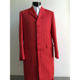Mannequin wearing a formal, bright red pinstripe suit jacket with a white shirt. The jacket has a structured fit, six buttons, and a classic collar.