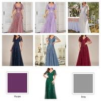 t women in colorful evening gowns set indoors and outdoors. Dresses in purple, lavender, white, navy, light blue, red, and green.