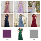 t women in colorful evening gowns set indoors and outdoors. Dresses in purple, lavender, white, navy, light blue, red, and green.