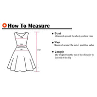 illustration of a sleeveless dress showing how to measure bust, waist, hip, and length. Text on the right explains that bust is measured around the chest, waist around the waistline, and length from the shoulder to the bottom of the dress