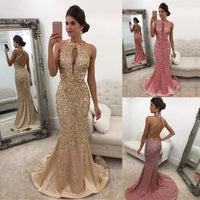 A woman wearing elegant gold and pink sequined gowns. The mood is glamorous and sophisticated.