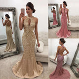A woman wearing elegant gold and pink sequined gowns. The mood is glamorous and sophisticated.