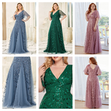 Elegant women in flowy, floor-length dresses in blue, green, and pink, with delicate leaf motifs. The setting is airy and luxurious, conveying grace and sophistication.