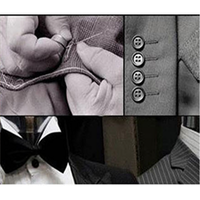 Close-up collage showing hands sewing fabric, four suit buttons, and a tuxedo with a bow tie, conveying craftsmanship and elegance.