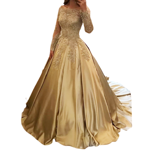 A woman wears an elegant, golden ball gown with intricate lace detailing on the bodice and sleeves. The dress exudes sophistication and luxury.