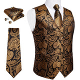 Men's 4 Pcs Gold Black Floral Vest Tie Set - Gold/Black - 4Pcs Set -M-0152 - XXXL - Silk - image 15