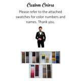 Custom Colors text at top; a man in a black tuxedo below. Eight fabric swatches with diverse colors and labeled numbers are displayed beneath.