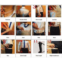 A collage of 12 images demonstrating how to measure men's suit dimensions, including neckline, shoulder width, sleeve length, arm hole, wrist, chest, belly, waist, hips, jacket and pants length, and thigh circumference. Each image shows a tape measure in use, providing a comprehensive guide to obtaining accurate clothing measurements.