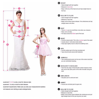Two women in dresses demonstrate measurement points for tailoring. The left in white, the right in pink. Text on the right lists measurement instructions.