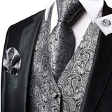 Men's 4 Pcs Gray Silver Silk Tie Vest Set - Gray Silver - 4pc Tie Set - MJ-3054 - 3XL - Silk - image 1