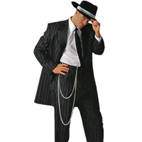 A man in a pinstripe Zoot suit, adjusting his black fedora with a white band. He's holding his lapel confidently, evoking a 1940s retro vibe.