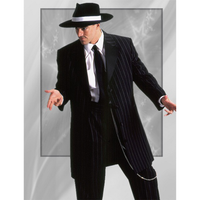 Man in a pinstripe suit and black hat posing against a grayscale background. He exudes confidence and a vintage, stylish vibe.