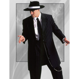 Man in a pinstripe suit and black hat posing against a grayscale background. He exudes confidence and a vintage, stylish vibe.