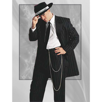 A person in a pinstripe suit and fedora tilts the hat, striking a classic pose. The background is a subtle gray with star-like patterns.