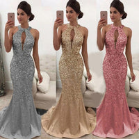 A women wearing three different sequined gowns in silver, gold, and pink. Each dress has a halter neck and keyhole cutout.