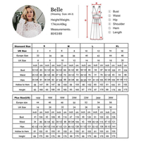 Size guide with a photo of a woman named Belle in a white lace top. It includes US, Europe, and UK sizes with measurements for bust, waist, hips, and more for standard and plus sizes. A dress diagram indicates measurement points: bust, waist, hip, shoulder, hem, and length.