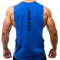 A muscular man from behind wearing a sleeveless blue tank top with "JUST GYM." printed vertically on the back.