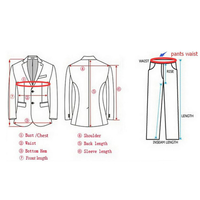 Diagram showing suit jacket and pants measurements. Jacket: bust, waist, bottom hem, front and back length, shoulder, sleeve. Pants: waist, rise, length, inseam.