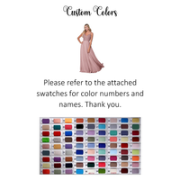 Please refer to the attached swatches for color numbers and names.' Below, an array of colorful fabric swatches is displayed in rows, each with a number for custom color selection. The tone is elegant and informative."