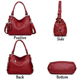 Four views of a stylish red handbag: front, side, back, and bottom, showcasing its design and details.