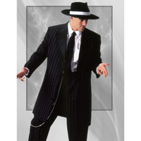 Man in a vintage pinstripe black suit and wide-brimmed hat, making a dynamic pose against a textured gray background. Retro, stylish, confident.