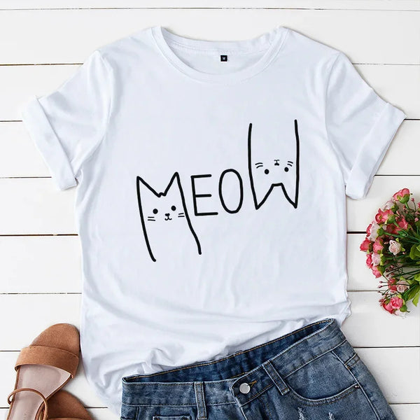 Funki Buys | Shirts | Women's Cute Meow Cat Printed T-Shirt