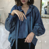 Women's Bow Stand Collar Blouse with Lantern Sleeves