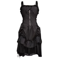 A black, sleeveless gothic dress featuring ruffled straps, a silver zipper on the bodice, and layered, asymmetrical ruffled skirt, conveying an edgy vibe.