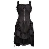 A black, sleeveless gothic dress featuring ruffled straps, a silver zipper on the bodice, and layered, asymmetrical ruffled skirt, conveying an edgy vibe.