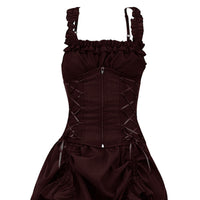 Dark brown gothic-style bustier with ruffled straps and corset lacing. The design features a zipper front and ruched material, giving an elegant, vintage look.