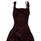 Dark brown gothic-style bustier with ruffled straps and corset lacing. The design features a zipper front and ruched material, giving an elegant, vintage look.