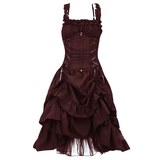 Dark maroon gothic dress with ruffled straps and a corset-style bodice featuring crisscross lacing. The skirt is layered with dramatic ruffles.