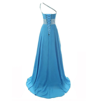 Elegant blue gown with one shoulder strap, featuring an intricate lace-up back and sparkling sequined waist, creating a sophisticated and stylish look.