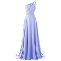 Elegant lavender one-shoulder gown with flowing skirt. Features intricate beaded embellishments on bodice and shoulder, creating a graceful, formal look.