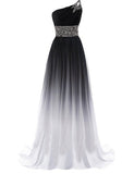 Elegant ombre evening gown with a one-shoulder design. Black bodice with sparkling embellishments, transitioning to a flowing white skirt.