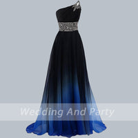 Elegant one-shoulder dress with a black and blue gradient. Features a sequin-embellished waist and shoulder accent. Overlay text reads 