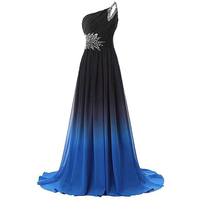 Elegant one-shoulder gown transitioning from black to vibrant blue. Features intricate silver floral embellishments at the waist, conveying sophistication.