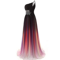 Elegant one-shoulder gown with a black, fitted bodice adorned with silver embellishments. The skirt features a gradient from purple to pink, creating a dramatic, flowing effect.