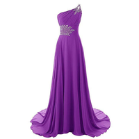Elegant purple gown with a one-shoulder design, adorned with silver embellishments on the bodice. Flowing skirt creates a graceful and sophisticated look.