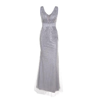 Elegant silver evening gown with a V-neck and sleeveless design. The dress features a fitted waist and shimmering embellishments, exuding sophistication.