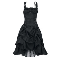 Gothic-style black dress with a ruched bodice, crisscross lacing, and layered ruffled skirt. Elegant, dramatic, and vintage-inspired.